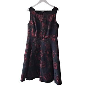 Talbots Black & Metallic Red Floral Pleated Sleeveless Dress with Lining - 14
